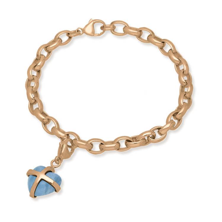 18ct Rose Gold Aquamarine Small Cross Heart Charm Bracelet - Option1 Value Gold