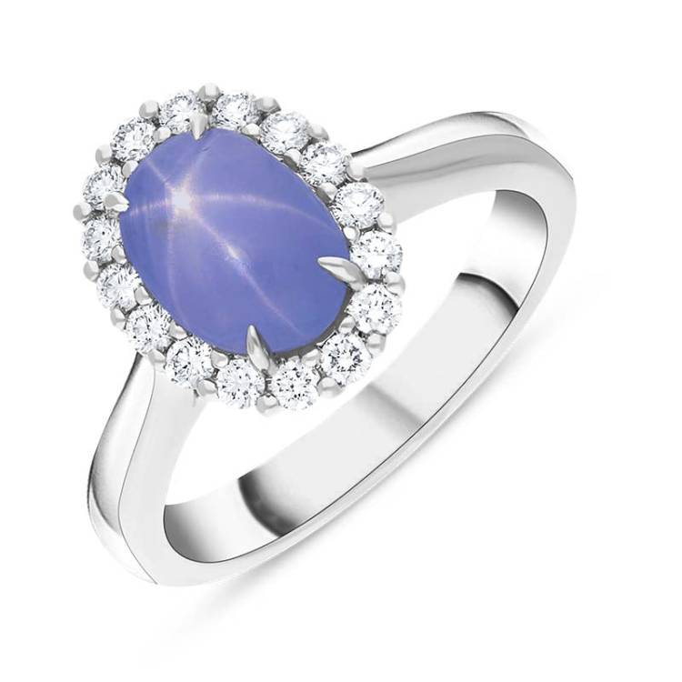 18ct White Gold Star Sapphire Diamond Oval Cluster Ring - White Gold
