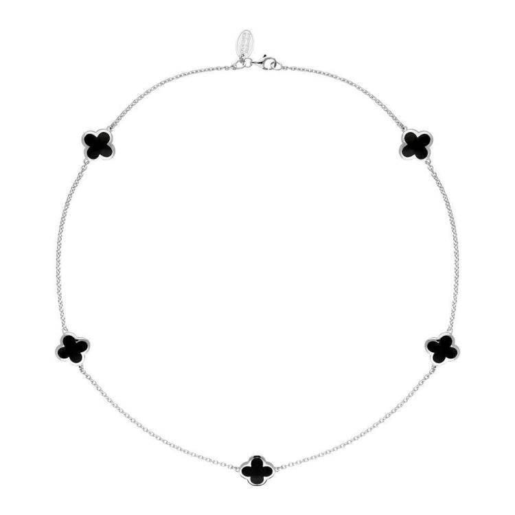 18ct White Gold Whitby Jet Bloom Four Leaf Clover Necklace