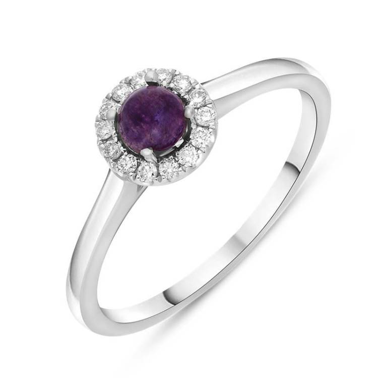 18ct White Gold Blue John 0.10ct Diamond Round Ring - Q