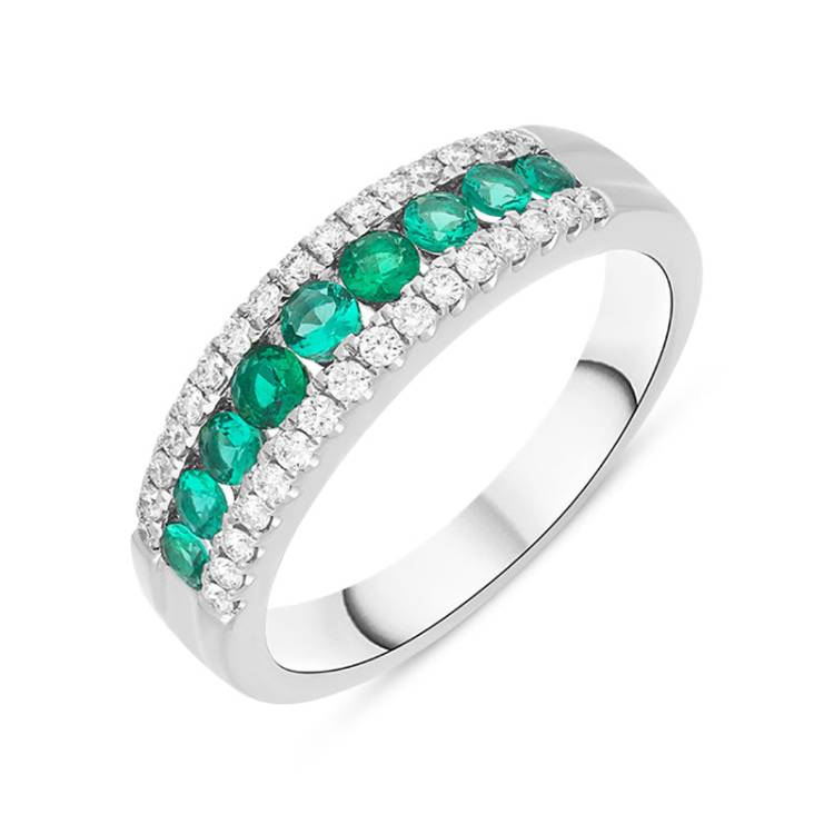18ct White Gold Emerald Diamond Nine Stone Tension Set Graduating Half Eternity Ring - Gold