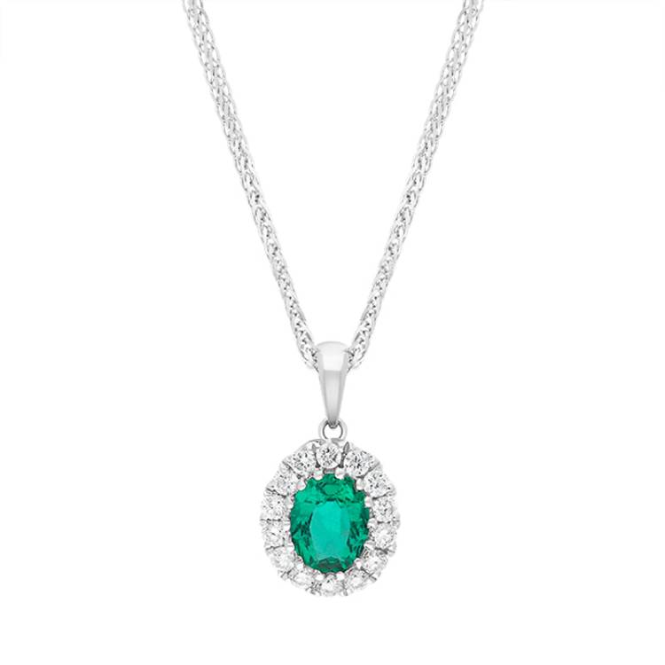 18ct White Gold Emerald Diamond Pave Oval Pendant - White Gold