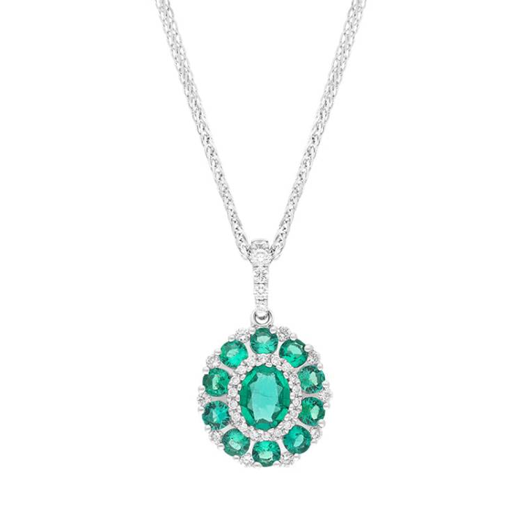 18ct White Gold Emerald Diamond Cluster Oval Pendant - White Gold