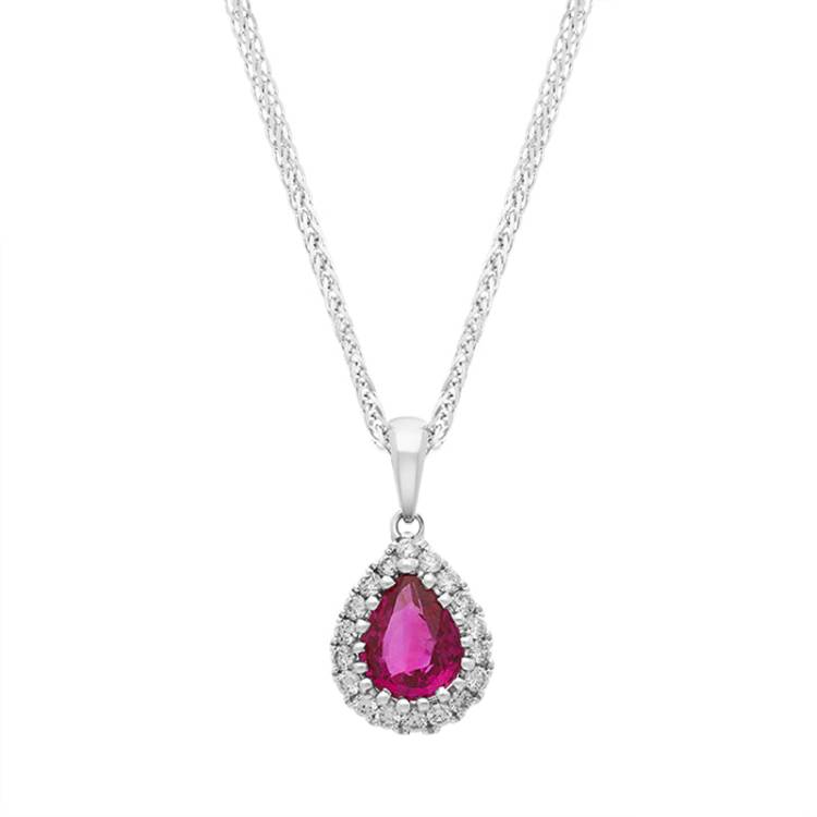 18ct White Gold Ruby Diamond Cluster Pear Pendant - White Gold