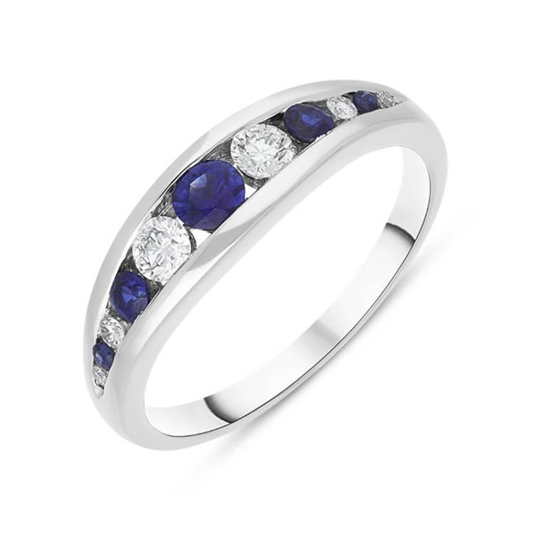 18ct White Gold Sapphire Diamond Eleven Stone Graduating Half Eternity Ring - Gold