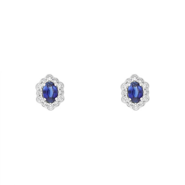 18ct White Gold Sapphire Diamond Oval Cluster Stud Earrings - White Gold