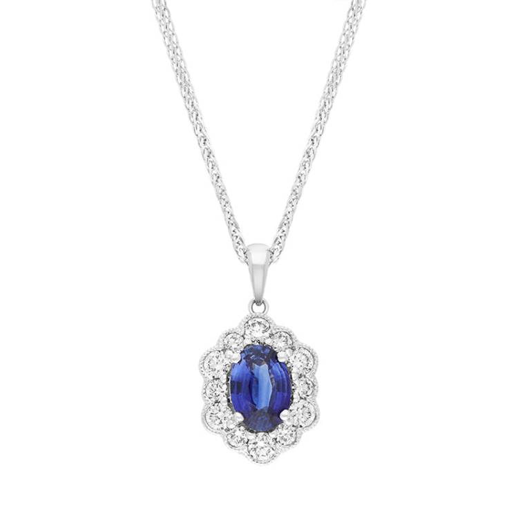 18ct White Gold Sapphire Diamond Cluster Oval Pendant - White Gold