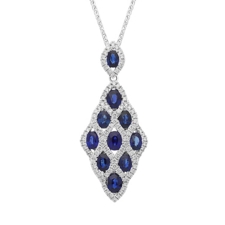 18ct White Gold Sapphire Diamond Oval Cut Lattice Pendant - White Gold