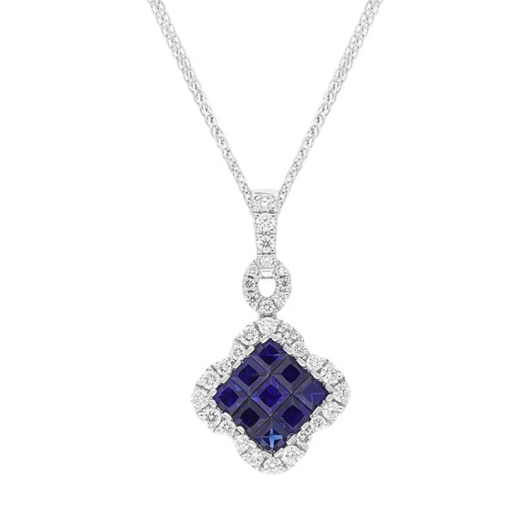 18ct White Gold Sapphire Diamond Pave Cluster Pendant - White Gold
