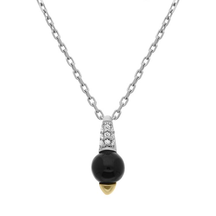 18ct White Gold Whitby Jet 0.08ct Diamond Round Pave Top Necklace D - Gold
