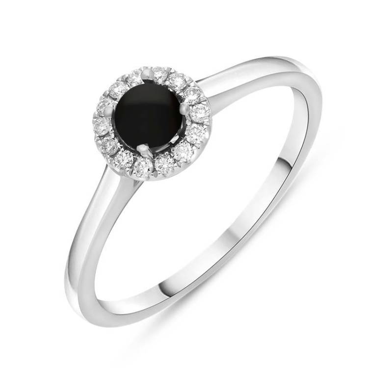 18ct White Gold Whitby Jet 0.10ct Diamond Round Ring - Q
