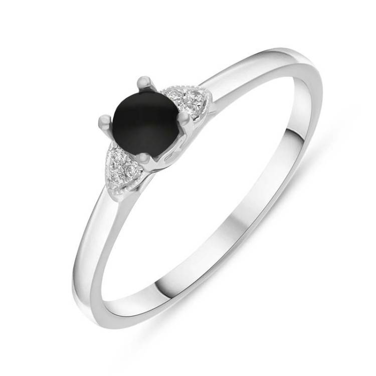 18ct White Gold Whitby Jet Diamond 0.04ct Round Claw Set Ring - U