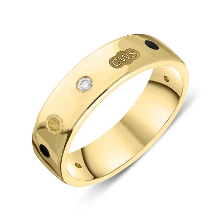 18ct Yellow Gold 0.09ct Diamond Whitby Jet King's Coronation Hallmark 6mm Ring - X