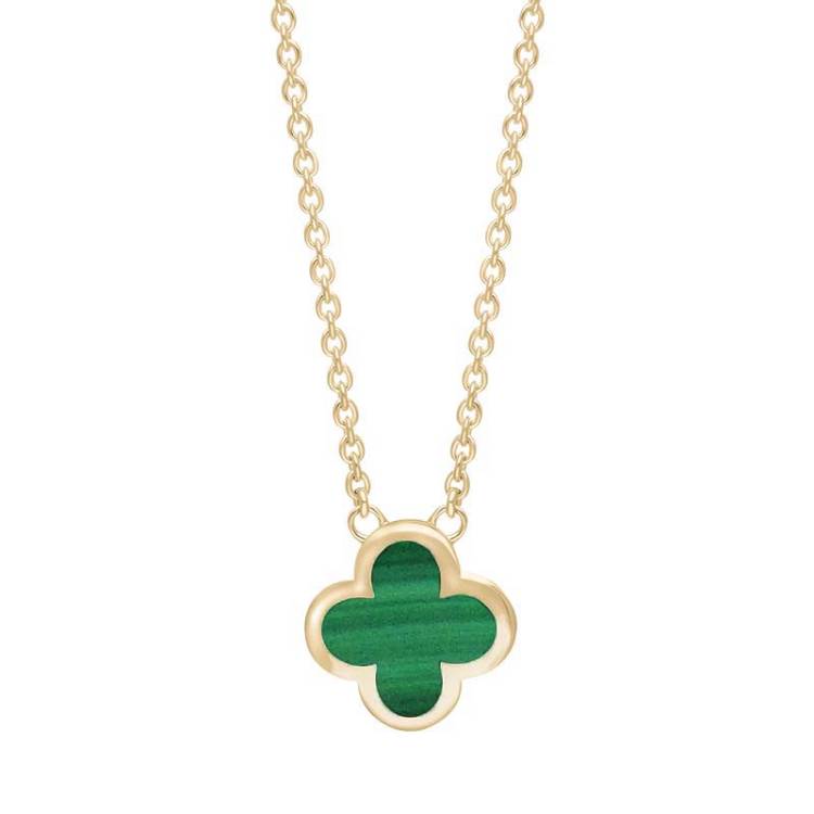 18ct Yellow Gold Malachite Bloom Small Four Leaf Clover Polished Edge Pendant
