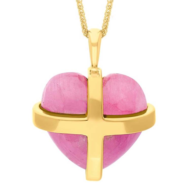 18ct Yellow Gold Pink Greenland Sapphire Large Cross Heart Necklace