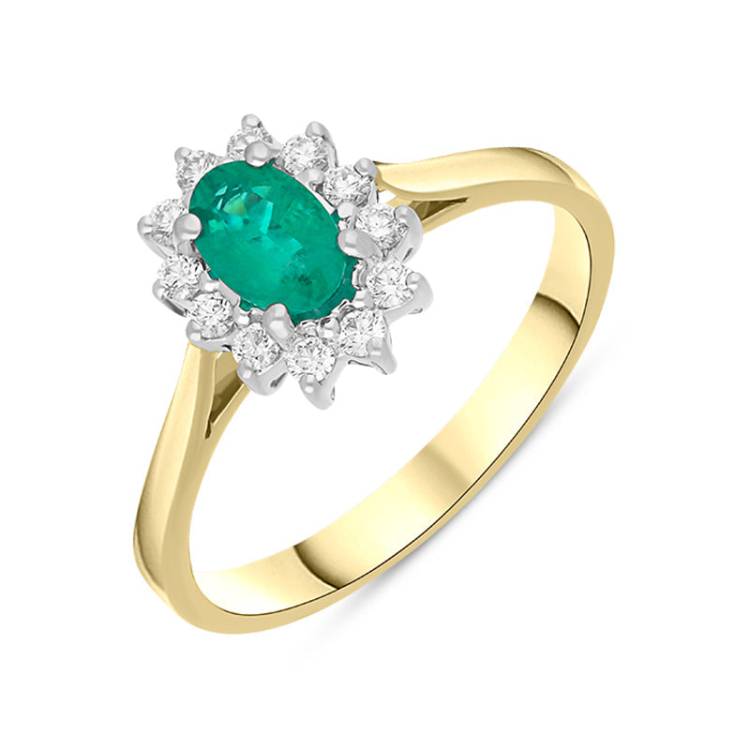 18ct Yellow Gold 0.34ct Emerald Diamond Oval Cluster Halo Ring - Yellow Gold
