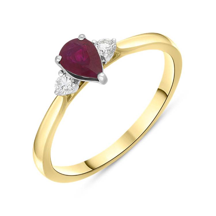 18ct Yellow Gold 0.52ct Ruby Diamond Pear Cut Three Stone Ring - Yellow Gold