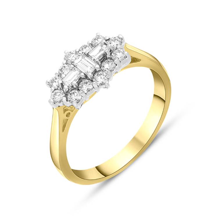 18ct Yellow Gold 0.60ct Diamond Baguette Cut Vintage Style Cluster Ring - Yellow Gold