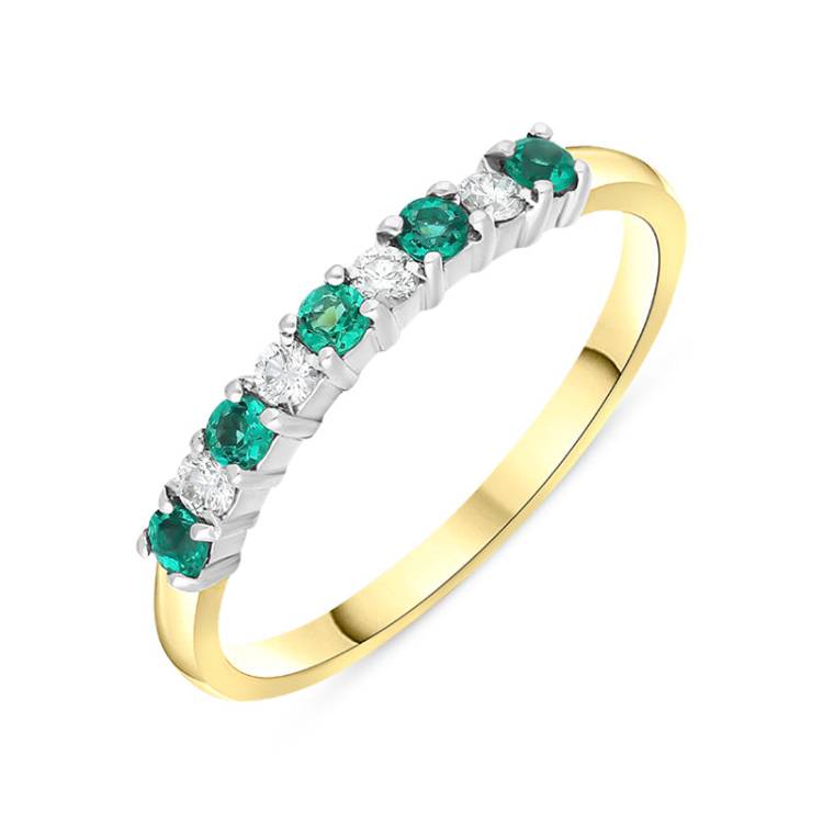 18ct Yellow Gold Emerald Diamond Nine Stone Half Eternity Ring - Gold