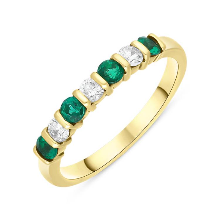 18ct Yellow Gold Emerald Diamond Seven Stone Bar Set Half Eternity Ring - Gold