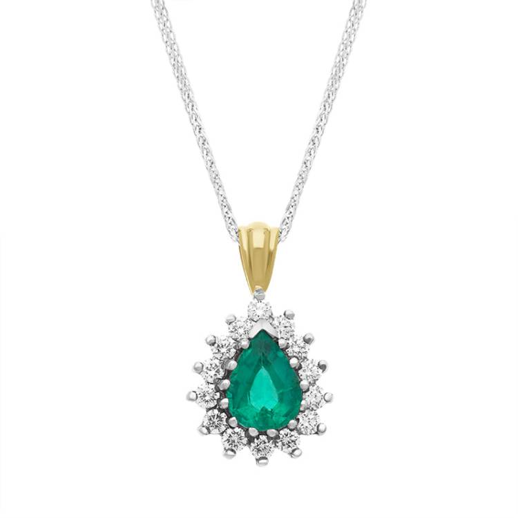 18ct Yellow Gold Emerald Diamond Cluster Pear Pendant - Yellow Gold