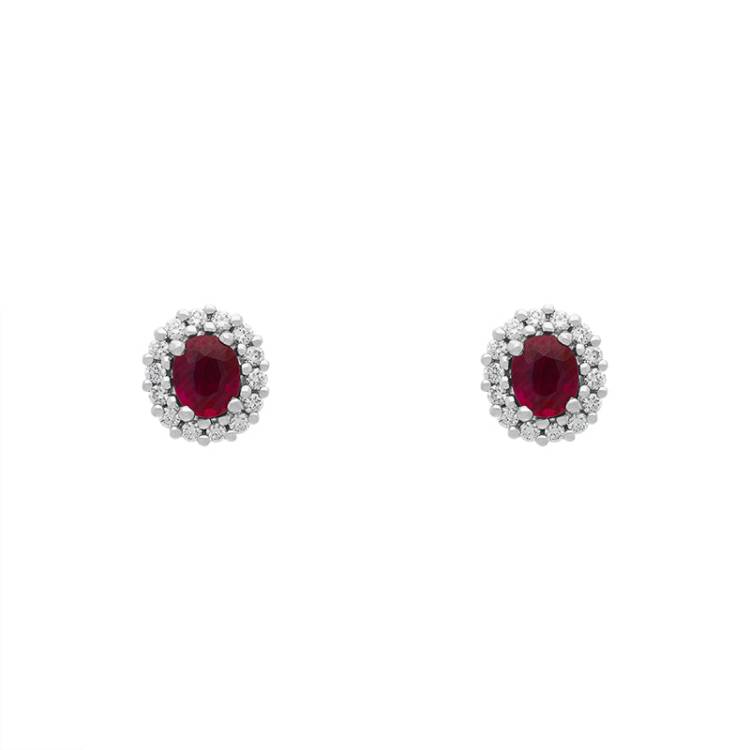 18ct Yellow Gold Ruby Diamond Oval Cluster Stud Earrings - Yellow Gold