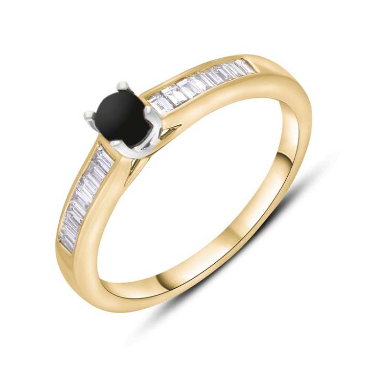 18ct Yellow White Gold Whitby Jet Diamond 0.20ct Round Claw Set Ring - I