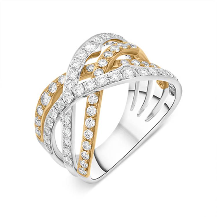 18ct Rose and White Gold Diamond Four Row Crossover Band Ring - White Gold