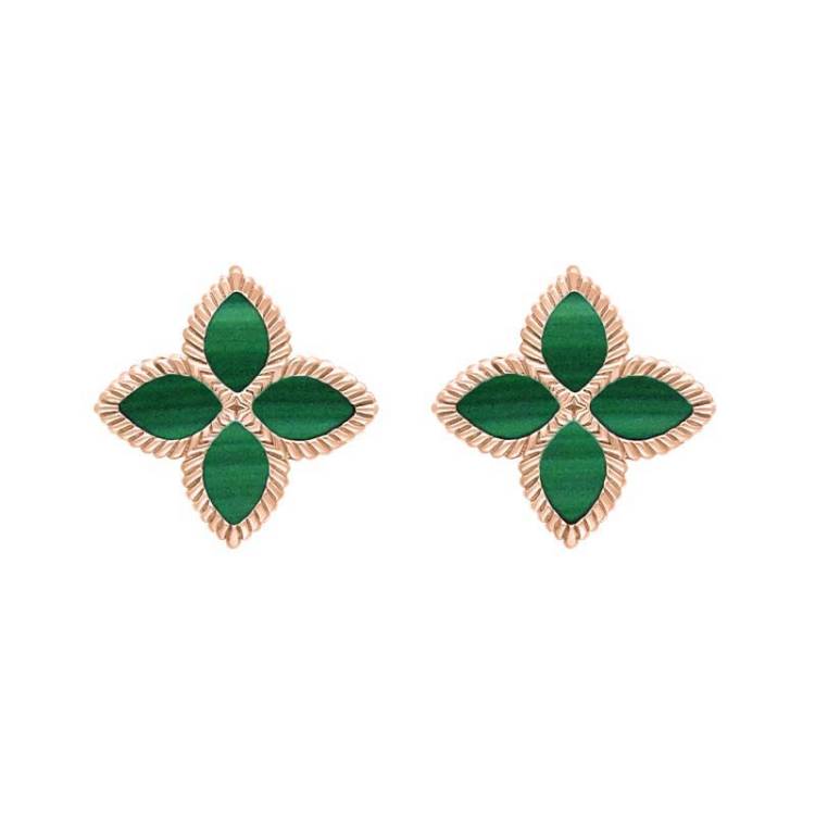 18ct Rose Gold Malachite Bloom Marquise Flower Stud Earrings - Gold