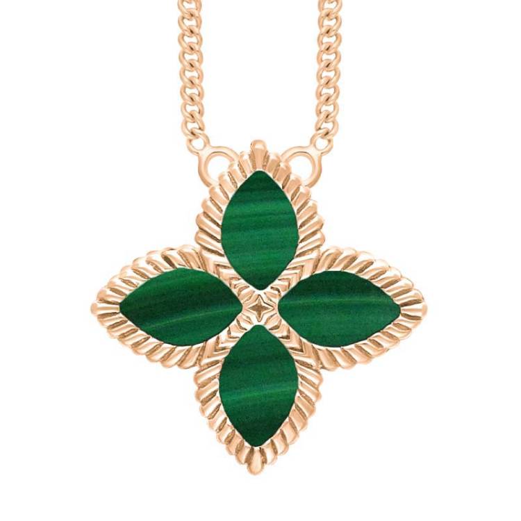 18ct Rose Gold Malachite Bloom Large Marquise Flower Necklace - Gold