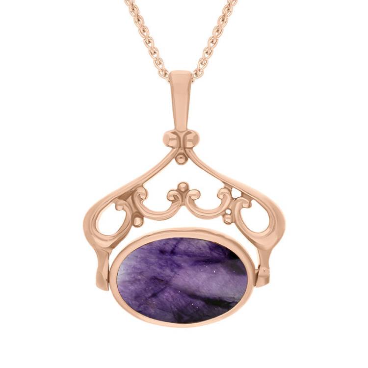18ct Rose Gold Blue John Mother Of Pearl Double Sided Oval Swivel Fob Necklace - Rose Gold