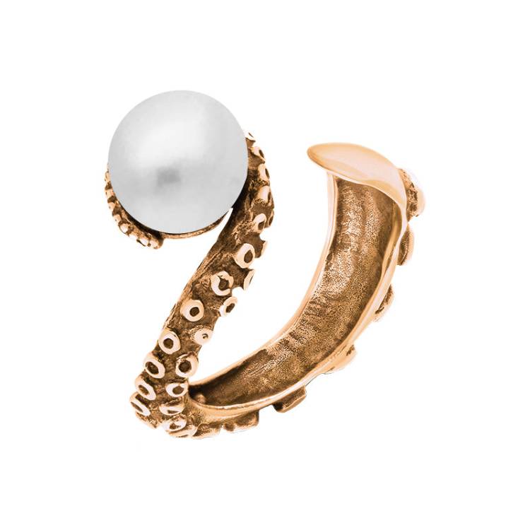 18ct Rose Gold Freshwater Pearl Bead Swirl Tentacle Ring - Gold