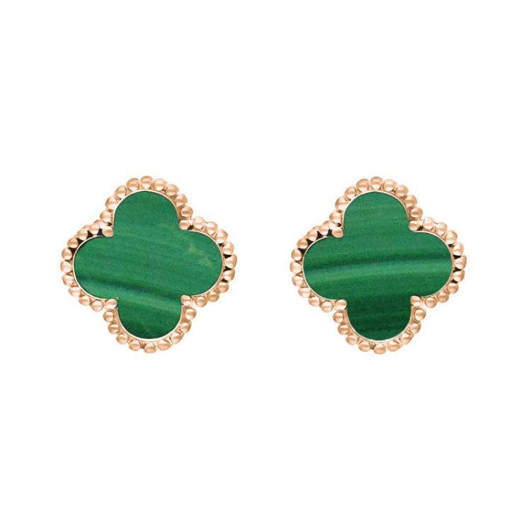 18ct Rose Gold Malachite Bloom Four Leaf Clover Ball Edge Stud Earrings