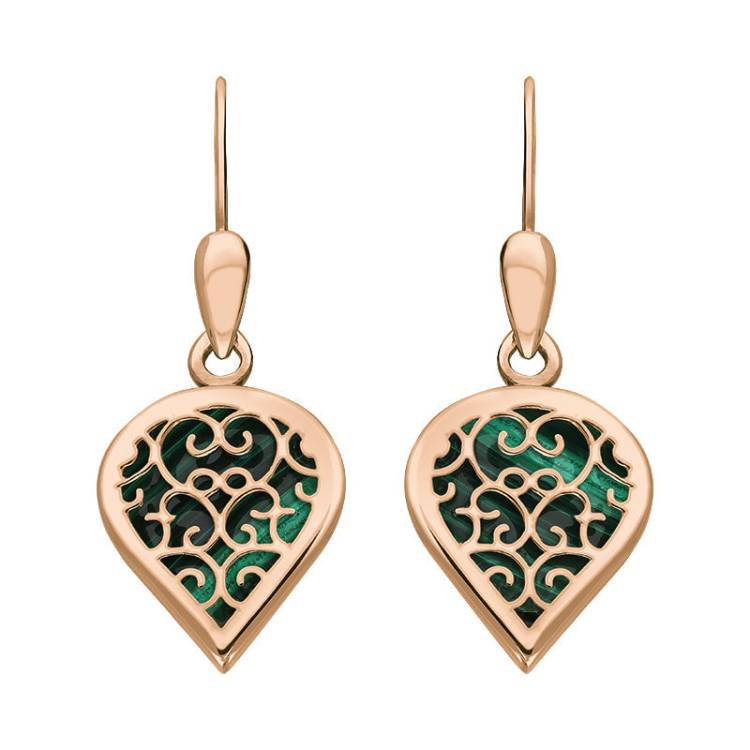 18ct Rose Gold Malachite Flore Filigree Heart Drop Earrings