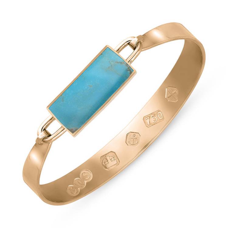 18ct Rose Gold Turquoise Hallmark Wide Oblong Bangle - Gold