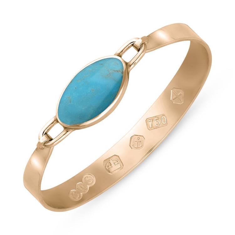 18ct Rose Gold Turquoise Hallmark Wide Oval Bangle - Gold