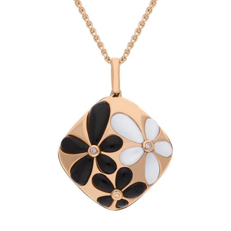 18ct Rose Gold Whitby Jet Mother of Pearl Diamond Necklace D - Rose Gold