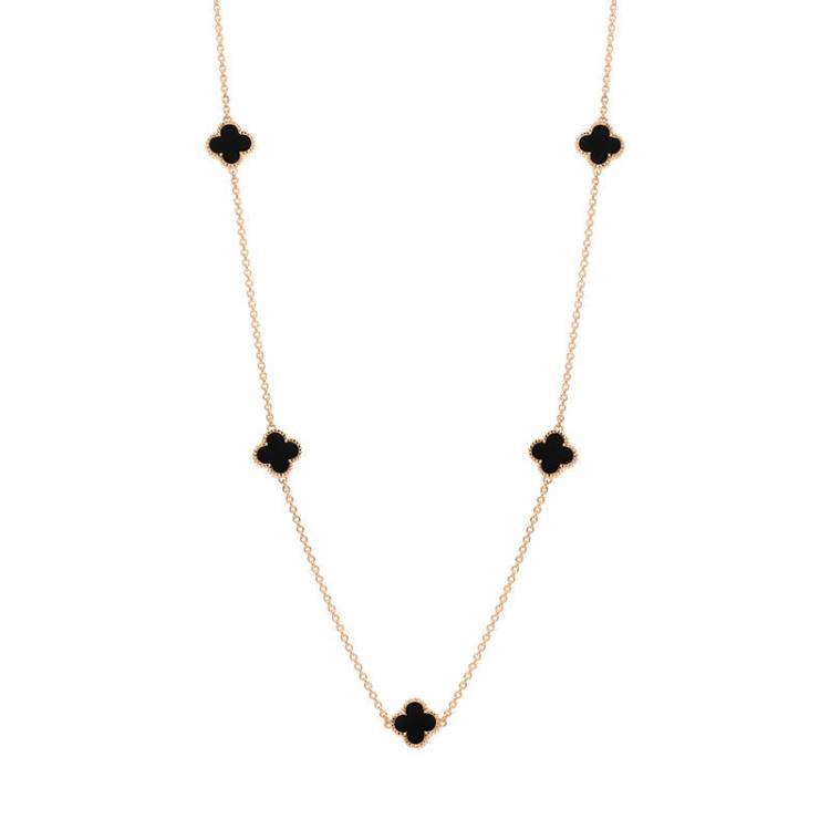 18ct Rose Gold Whitby Jet Bloom Four Leaf Clover Ball Edge Necklace