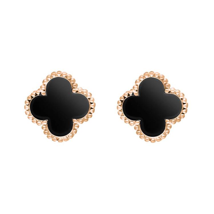18ct Rose Gold Whitby Jet Bloom Four Leaf Clover Ball Edge Stud Earrings