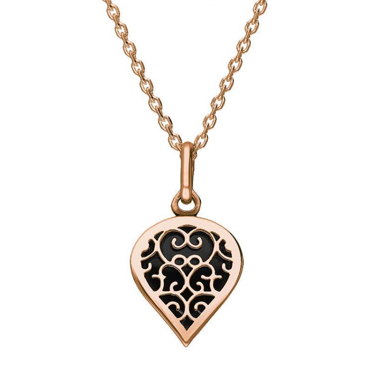 18ct Rose Gold Whitby Jet Flore Filigree Small Heart Necklace