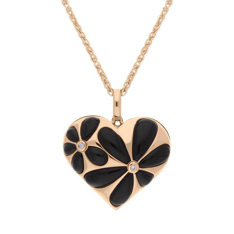 18ct Rose Gold Whitby Jet Diamond Heart Flower Necklace D - Option1 Value Rose Gold