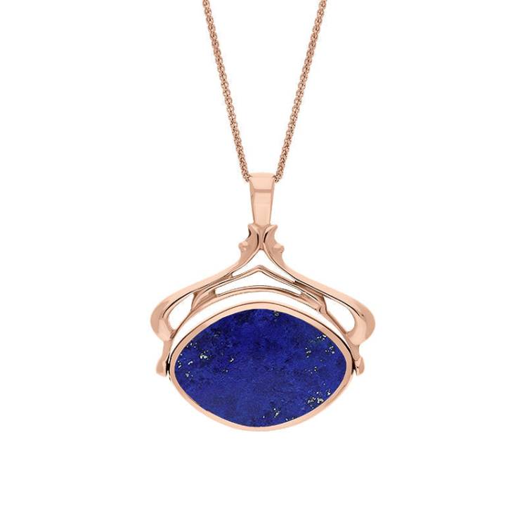 18ct Rose Gold Whitby Jet Lapis Lazuli Marquise Swivel Fob Necklace - Gold
