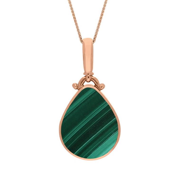 18ct Rose Gold Whitby Jet Malachite Double Sided Pear Fob Necklace - Rose Gold
