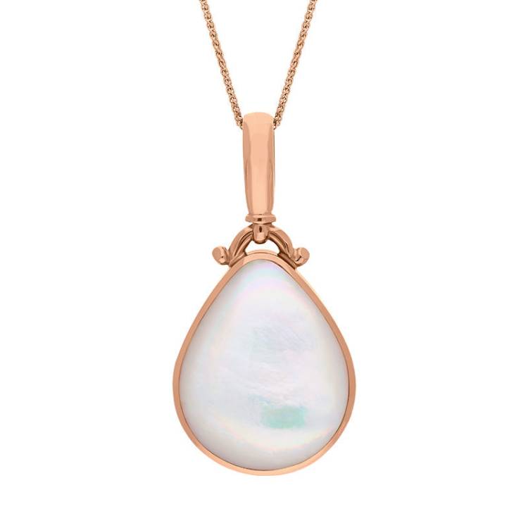 18ct Rose Gold Whitby Jet Mother of Pearl Double Sided Pear Fob Necklace - Rose Gold