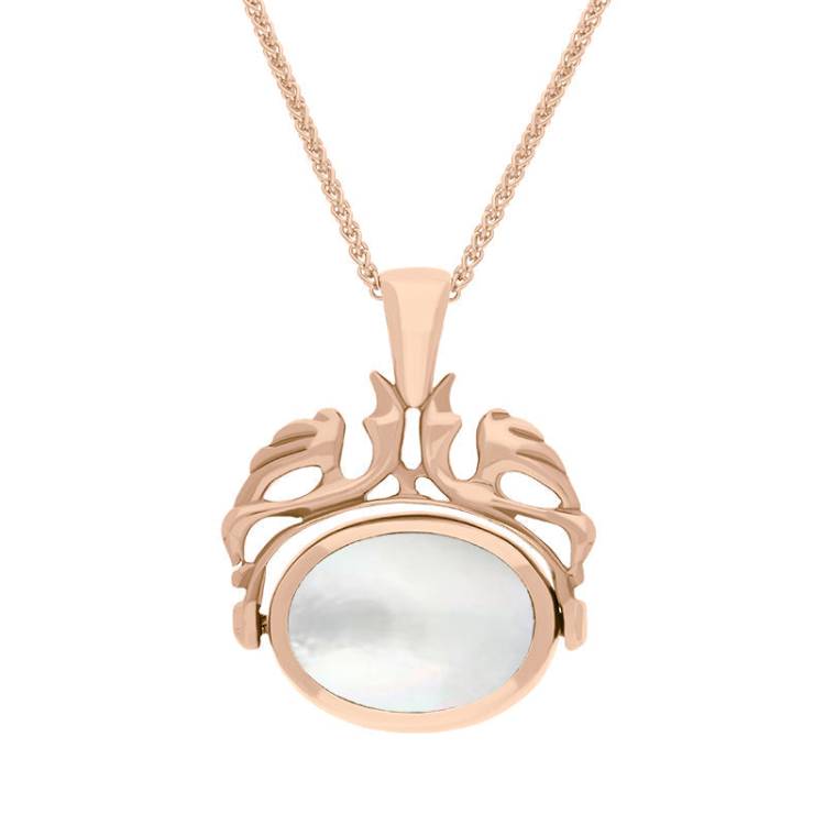 18ct Rose Gold Whitby Jet Mother Of Pearl Double Sided Oval Swivel Fob Necklace - Rose Gold