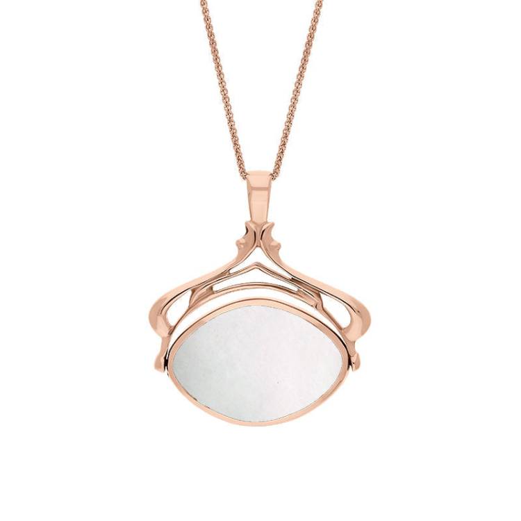 18ct Rose Gold Whitby Jet Mother Of Pearl Marquise Swivel Fob Necklace - Gold
