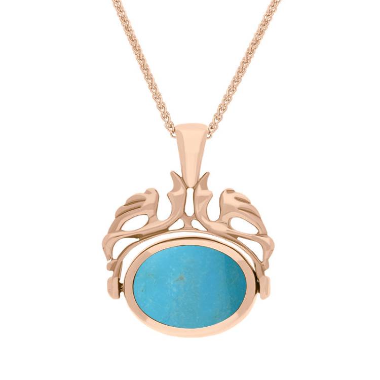 18ct Rose Gold Whitby Jet Turquoise Double Sided Oval Swivel Fob Necklace - Rose Gold