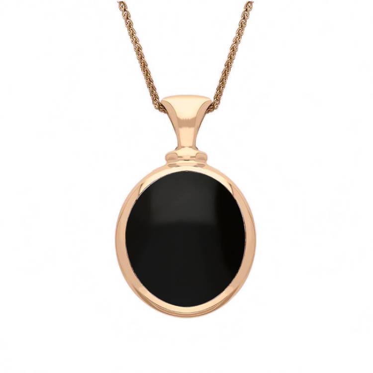 18ct Rose Gold Whitby Jet Mother Of Pearl Small Double Sided Oval Fob Necklace - Rose Gold