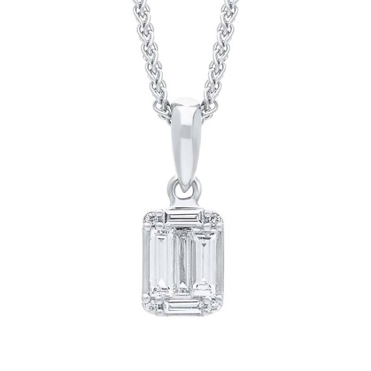 18ct White Gold 0.22ct Diamond Baguette Round Brilliant Cut Cluster Necklace - Gold