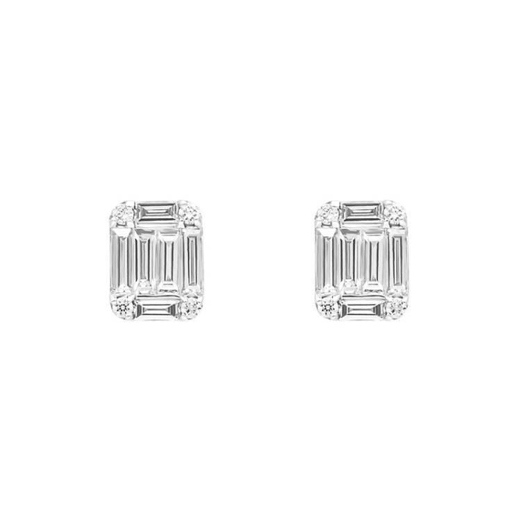 18ct White Gold 0.34ct Diamond Baguette Cut Cluster Stud Earrings - White Gold